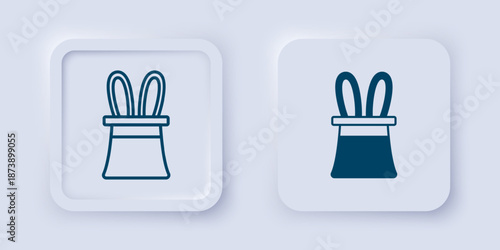Filled and outline Magician hat and rabbit ears icon isolated on grey background. Magic trick. Mystery entertainment concept. Square button. Vector
