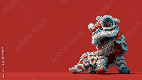 Chinese New Year White Lion Dance with Red Background.