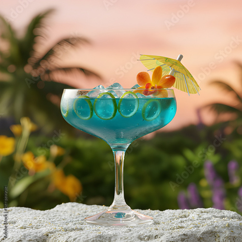 Iced Green Tropical Cocktail with Plumeria Flower and Mint Garnish at Sunset