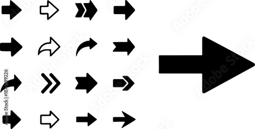 A collection of standard black arrow icons with a large pointer on the right. Vector illustration
