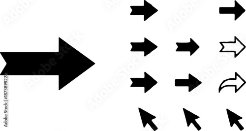 A collection of black vector arrows featuring ribbon-like tails and creative shapes. Vector illustration