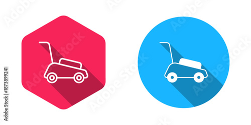 Filled and outline Lawn mower icon isolated with long shadow background. Lawn mower cutting grass. Vector