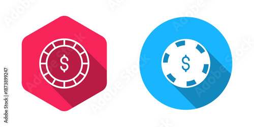 Filled and outline Casino chip with dollar symbol icon isolated with long shadow background. Casino gambling. Vector