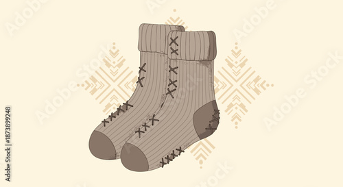 Cozy illustration of a pair of warm, hand-knitted brown wool socks with decorative stitching, on a patterned beige background.
