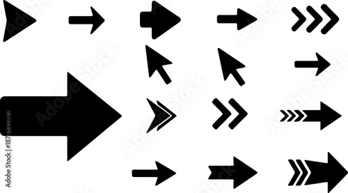 A collection of solid black directional icons including mouse cursors and standard pointers. Vector illustration