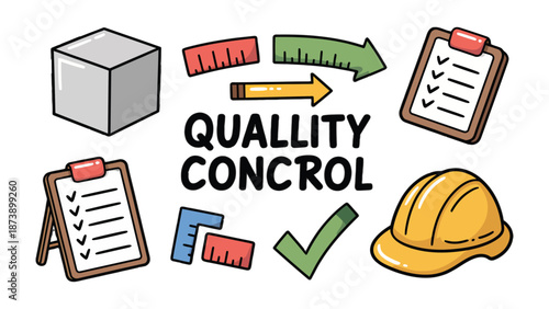 Quality Control Illustration: A creative illustration highlighting the essence of quality control. It features several inspection tools, a notepad with a checklist.