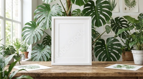 Empty white frame mockup on a rustic wooden table with green monstera leaves