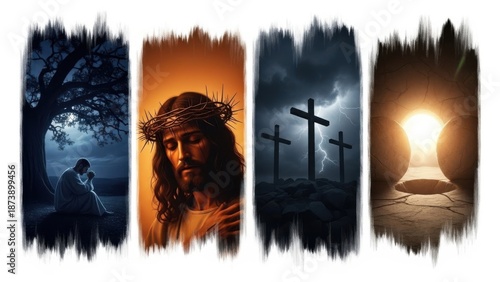 Jesus Christ in moments of prayer, suffering, crucifixion, and resurrection