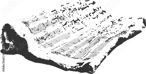 Ancient rolled parchment displaying handwritten musical notation with treble clefs and staff lines, aged and textured, evoking historical music composition