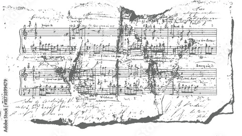 Torn and weathered sheet music manuscript with dense handwritten musical notation and lyrical text, showing signs of age and wear, a historical document