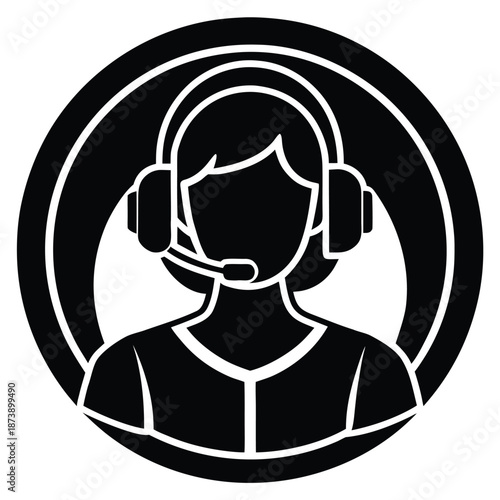 Silhouette icon of a person wearing headphones and microphone isolated on transparent background for customer service representation