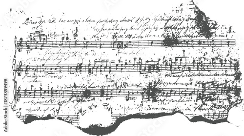 Damaged historical music manuscript featuring complex handwritten notation and faded text, a textured and artistic representation of musical heritage