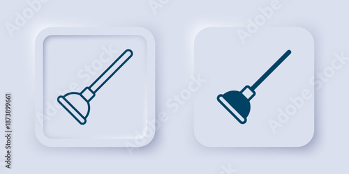 Filled and outline Rubber plunger with wooden handle for pipe cleaning icon isolated on grey background. Toilet plunger. Square button. Vector