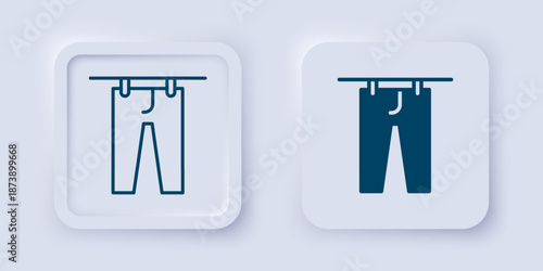 Filled and outline Drying clothes icon isolated on grey background. Clean pants. Wash clothes on a rope with clothespins. Clothing care and tidiness. Square button. Vector