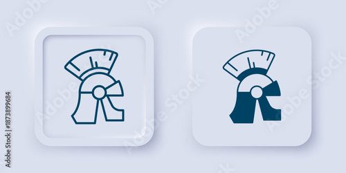 Filled and outline Roman army helmet icon isolated on grey background. Square button. Vector