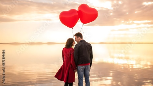 Young couple holding balloons shaped hearts. Valentine's day celebration. Concept of emotions, facial expression, love, relations, romantic holidays., created with generative ai