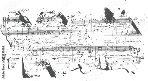 Antique torn sheet music with handwritten musical notation and clefs on a white background, evoking a sense of history and artistic heritage