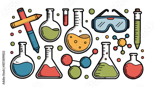 Scientific Tools: An illustration features an array of scientific tools, including beakers, flasks, protective glasses, and molecular models.