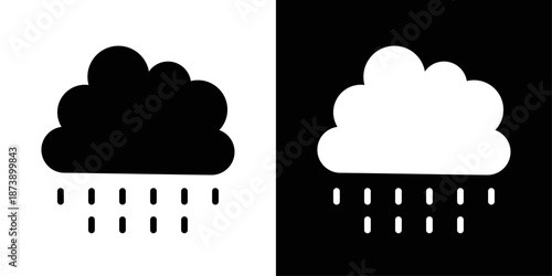 Cloud with rain icon in solid fill style, shown in black on white and white on black background. Ideal for weather apps, climate visuals, and environmental concepts.