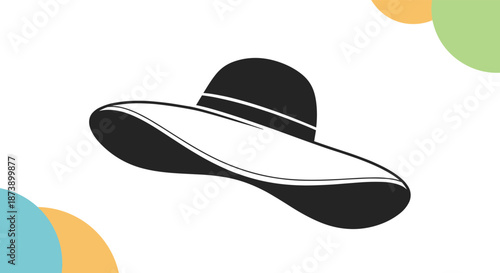 Black silhouette icon of a stylish wide-brimmed floppy sun hat for women, isolated on a white background with abstract color accents.
