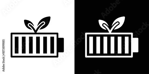 Green energy battery icon in solid fill style, shown in black on white and white on black background. Ideal for clean power storage, eco technology, and sustainability visuals.