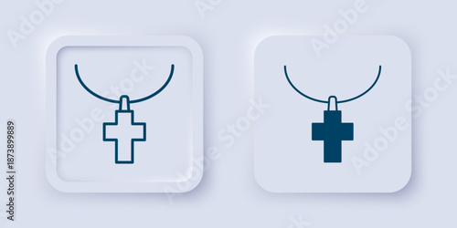 Filled and outline Christian cross on chain icon isolated on grey background. Church cross. Square button. Vector