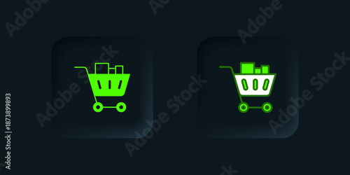 Green Shopping cart and food icon isolated on black background. Food store, supermarket. Black square button. Vector