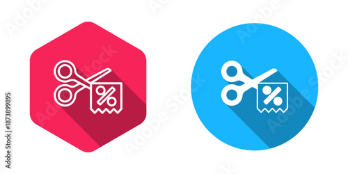 Filled and outline Scissors cuts discount coupon icon isolated with long shadow background. The concept of selling in an online supermarket at low prices or half the cost. Vector
