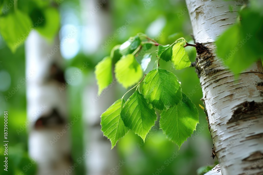 Obraz premium Close-up of birch tree leaves in a green forest