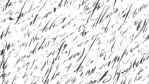 Abstract pattern of vintage handwritten script in black ink on a white background creating a textured and artistic background for projects