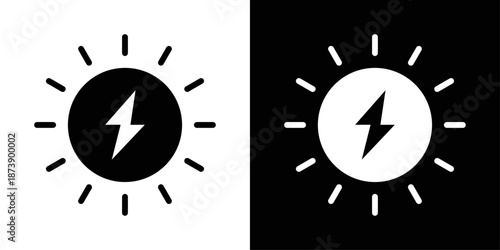 Sun energy icon in solid fill style, displayed in black on white and white on black background. Ideal for solar power visuals, renewable systems, and eco-friendly concepts.