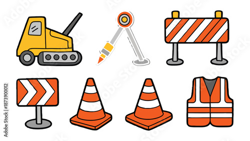 Construction Icons Set: A collection of illustrative construction-themed icons, representing diverse elements used in building and roadwork activities.