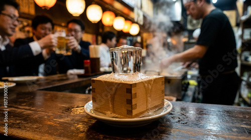 居酒屋のカウンターで溢れる日本酒の升酒