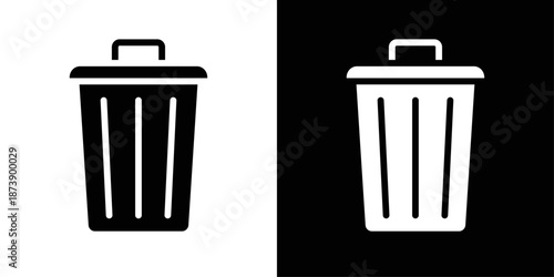 Trash bin icon in solid fill style, shown in black on white and white on black background. Suitable for waste management, delete actions, and cleaning interfaces.