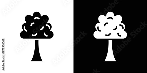 Tree icon in solid fill style, displayed in black on white and white on black background. Ideal for nature themes, environmental graphics, and eco focused designs.