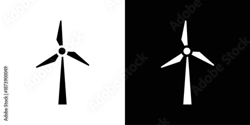 Wind turbine icon in solid fill style, shown in black on white and white on black background. Suitable for renewable energy visuals, sustainability graphics, and green power concepts.