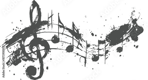 Dynamic ink brushstrokes form a musical staff with a prominent treble clef and scattered notes on a white background for creative and artistic applications