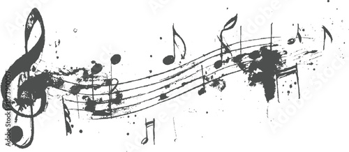 Expressive ink splatters and brushstrokes create a musical staff with a treble clef and notes on a white background, artistic and music-related