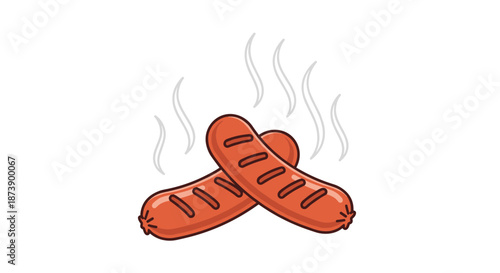 Cartoon illustration of two freshly grilled and steaming hot sausages crossed over each other, isolated on a clean white background.