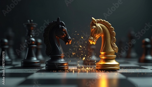 Chess knights face off on board. Black confronts golden chess piece. Concept of strategy game, leadership, competition, business, intellectual rivalry challenge. Strategy showdown on chessboard.