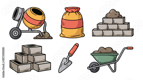 Construction Tools: A collection of essential construction tools, including a cement mixer, a bag of cement, a pile of bricks, a trowel, and a wheelbarrow filled with mortar.