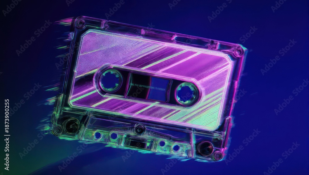 Obraz premium A translucent cassette tape, stylized with neon colors and motion blur against a dark blue backdrop