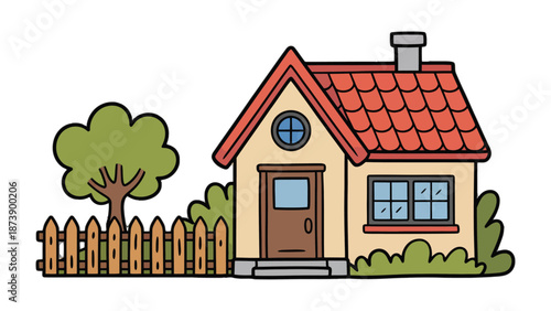 Home Sweet Home: A charming illustration depicts a cozy house nestled amidst lush greenery and a quaint picket fence, evoking feelings of comfort and domestic bliss.