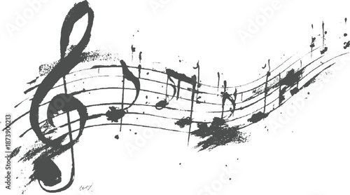 Stylized musical staff with a prominent treble clef and dynamic musical notes, rendered with a rough, textured brush effect and scattered ink dots