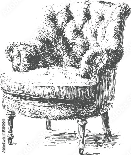 Detailed of a vintage tufted armchair with ornate legs and plush upholstery, presented in a classic monochrome style