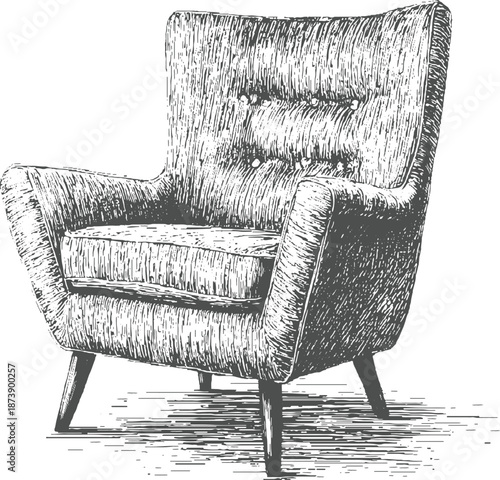 Vintage armchair with textured upholstery and tapered wooden legs rendered in a detailed sketchy style on a white background