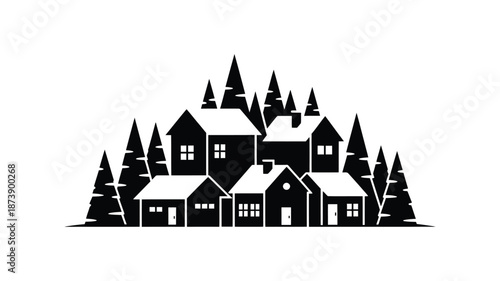 Charming village nestled amongst pine trees a captivating black silhouette