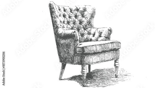 Tufted wingback armchair with carved wooden legs presented as a detailed monochrome on a clean white background