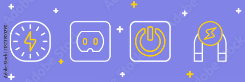 Set line Magnet, Power button, Electrical outlet and Lightning bolt icon. Vector