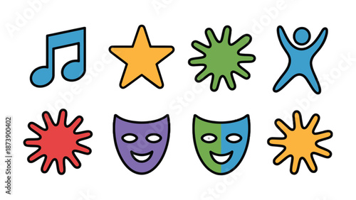 Creative Symbols Array: A colorful array of icons, representing music, achievement, and artistic expression, arranged against a clean backdrop.